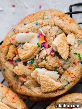 Birthday cake cookies on a circle wire rack.