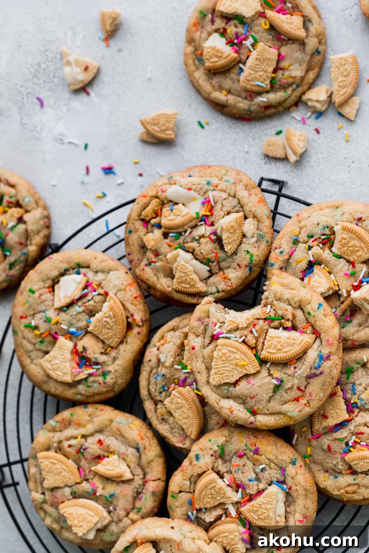 Cookies on a circle wire rack zoomed out.