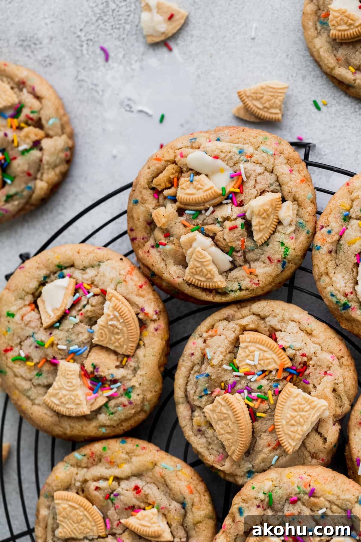 Close up of cookies on wire rack.