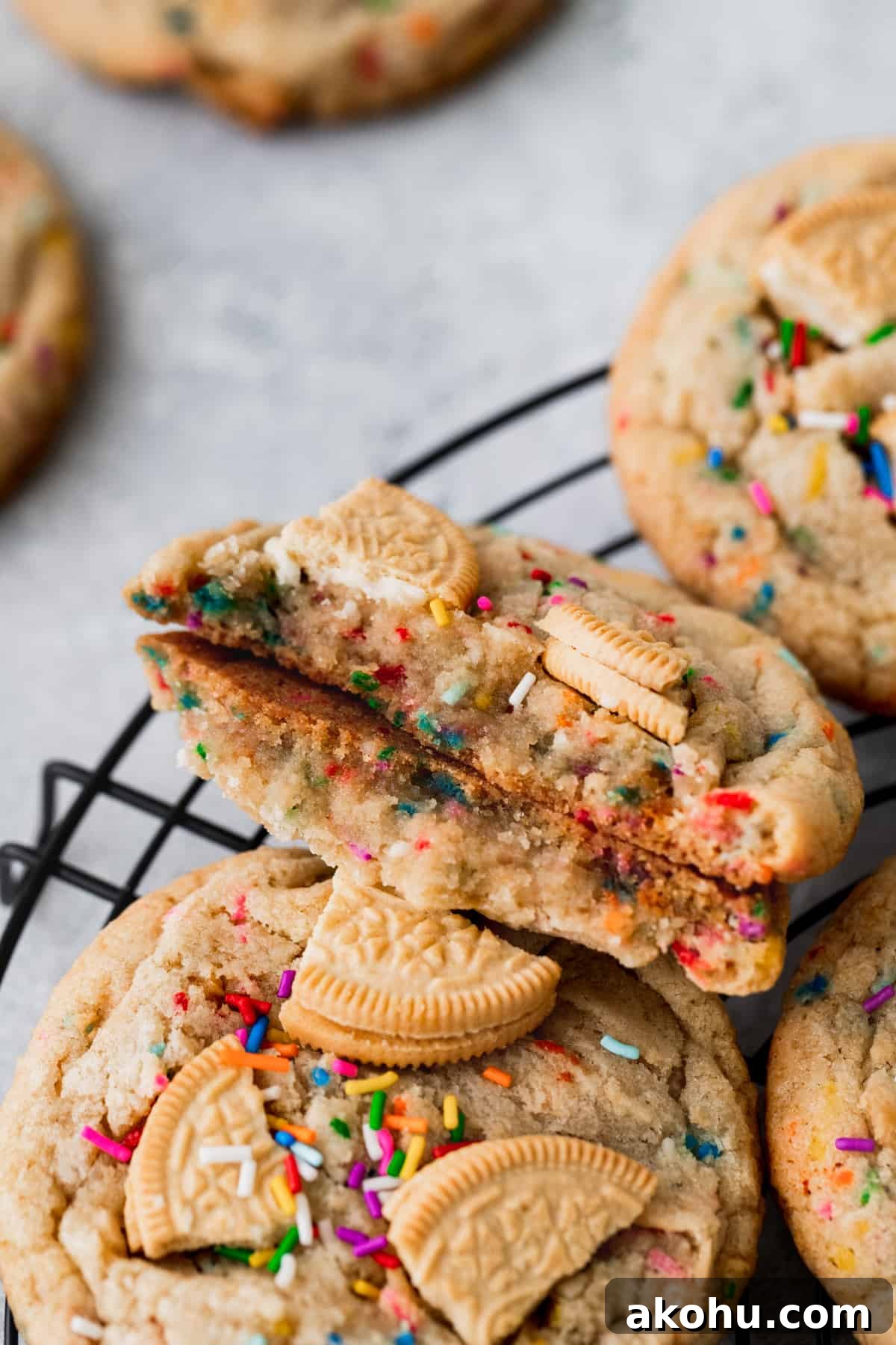 Birthday cake cookies split in half on wire rack.