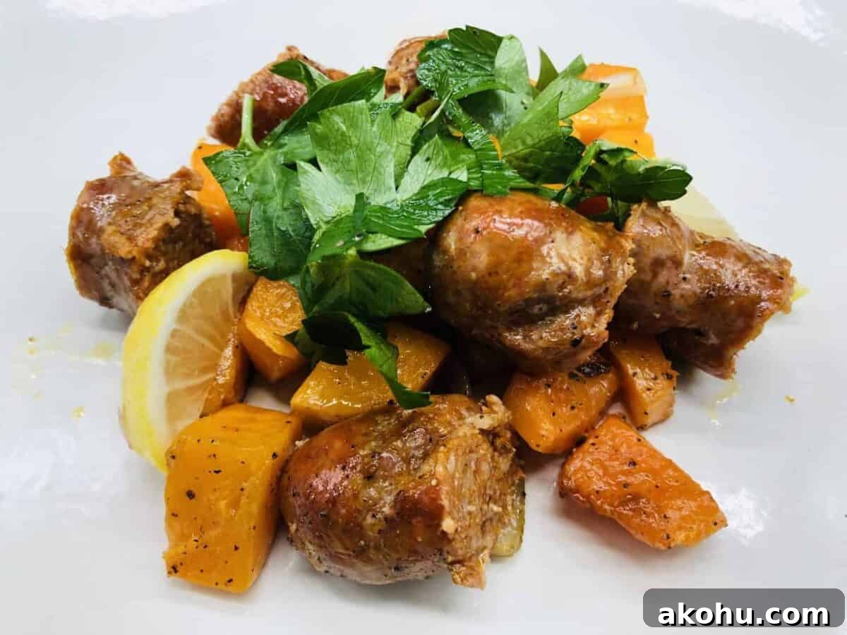 Sheet pan butternut squash and sausage.