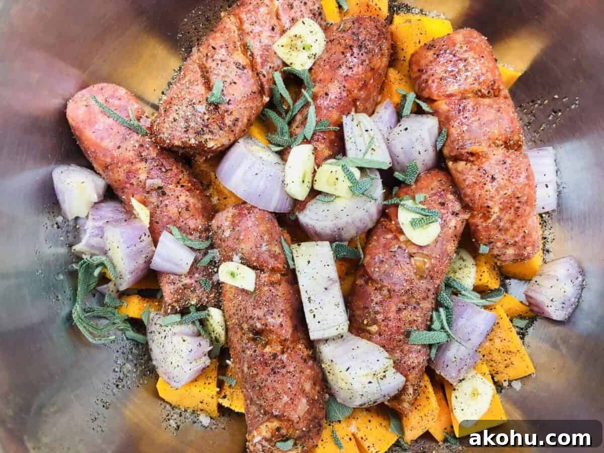 Adding veggies, herbs, and seasonings to the sausages.
