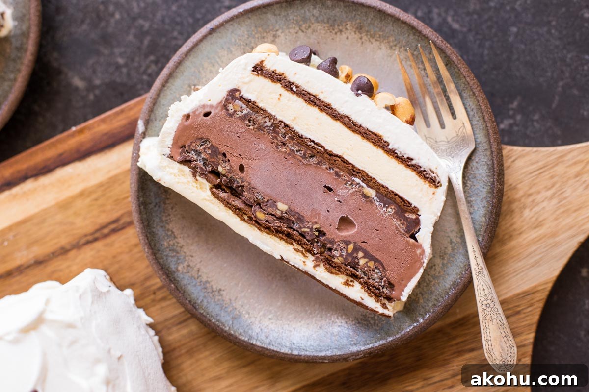 Chocolate Peanut Butter Ice Cream Slice Cake Recipe 6 A slice of Chocolate Peanut Butter Ice Cream Slice Cake on a plate with a fork.