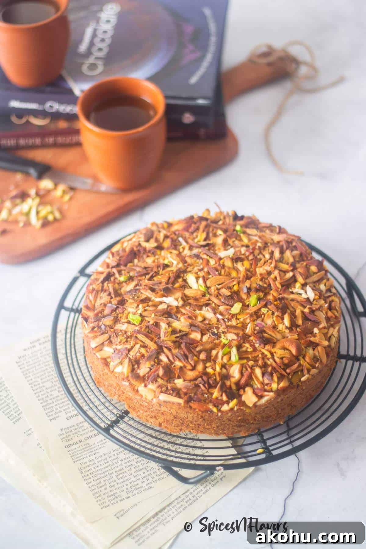 Mawa Cake Recipe: Step-by-Step Guide for Soft, Rich Cake 2 nuts loaded mawa cake placed on a round wire rack