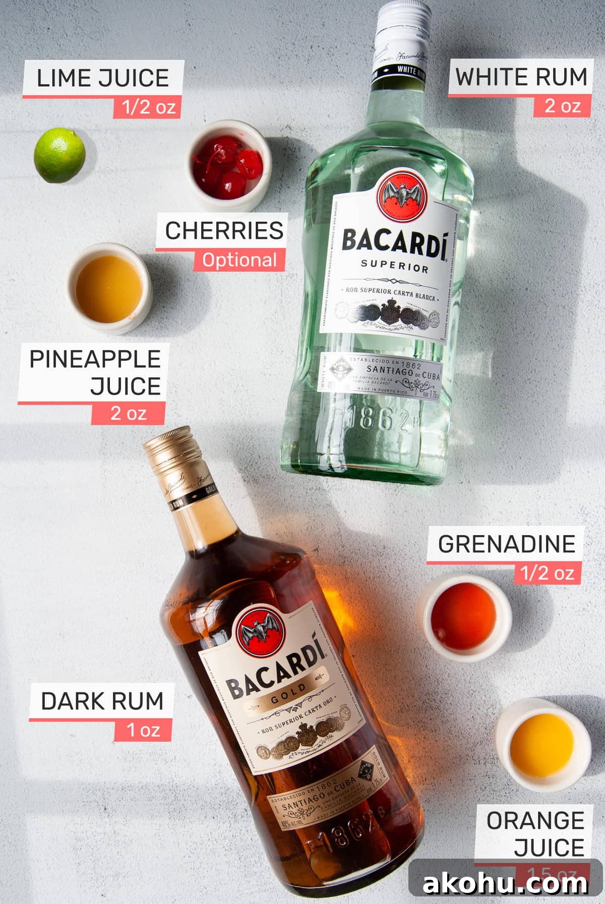 Refreshing Bacardi Rum Punch Recipe for Parties 3 maraschino cherries, pineapple juice, bacardi rum, grenadine, orange juice