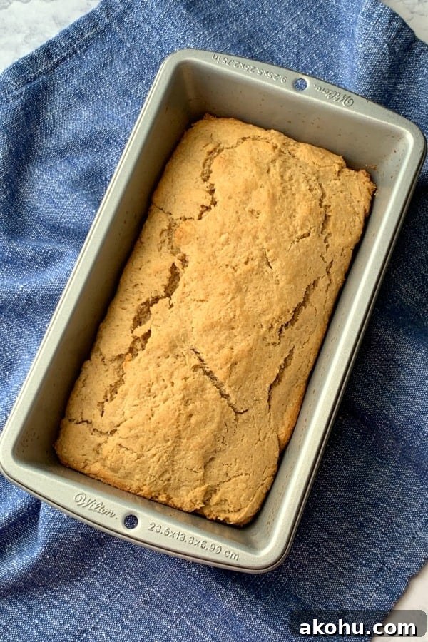 Old fashioned peanut butter bread in a loaf pan