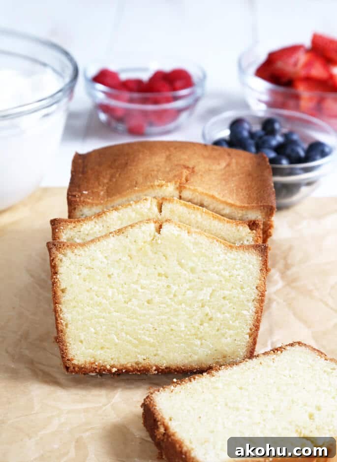 Baked and sliced gluten free pound cake served with an assortment of mixed berries.