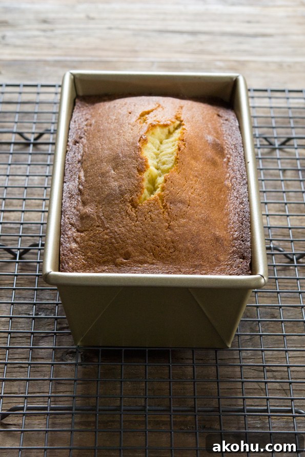 Gluten free pound cake in metal loaf pan