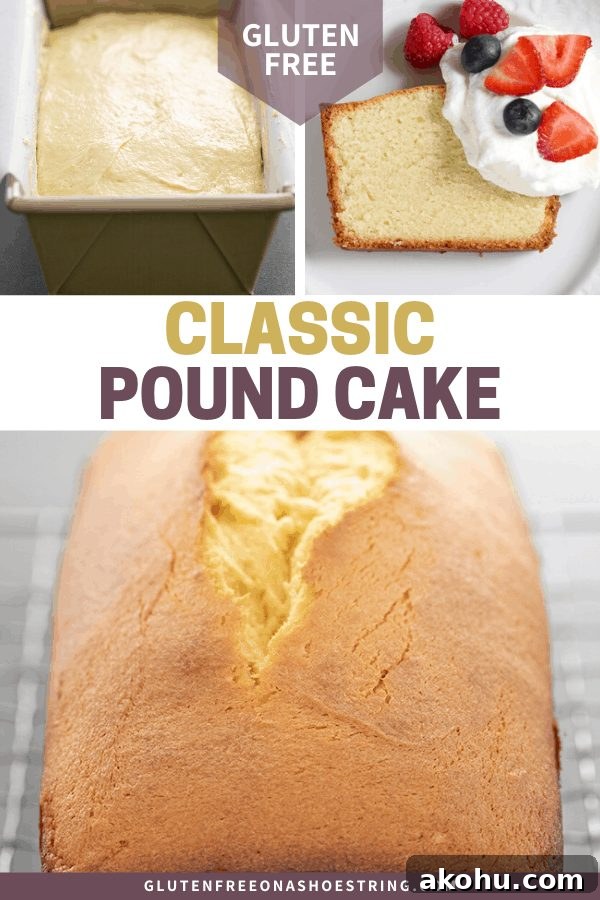 Gluten free pound cake raw in pan, baked whole, and sliced on a plate