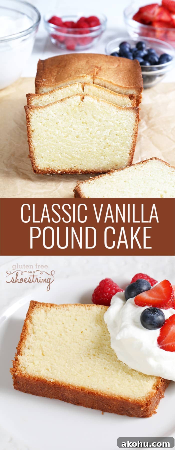 Pound cake on white plate and on brown surface 