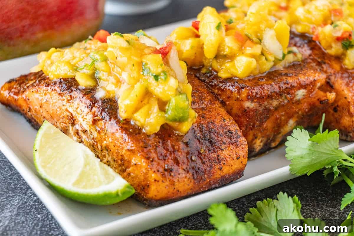 Pan-Seared Salmon with Fresh Mango Salsa 11 salmon filets on a white plate with lime wedge and topped with mango salsa.