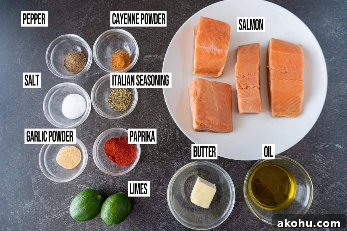 Pan-Seared Salmon with Fresh Mango Salsa 4 Salmon ingredients are in bowls and labeled.