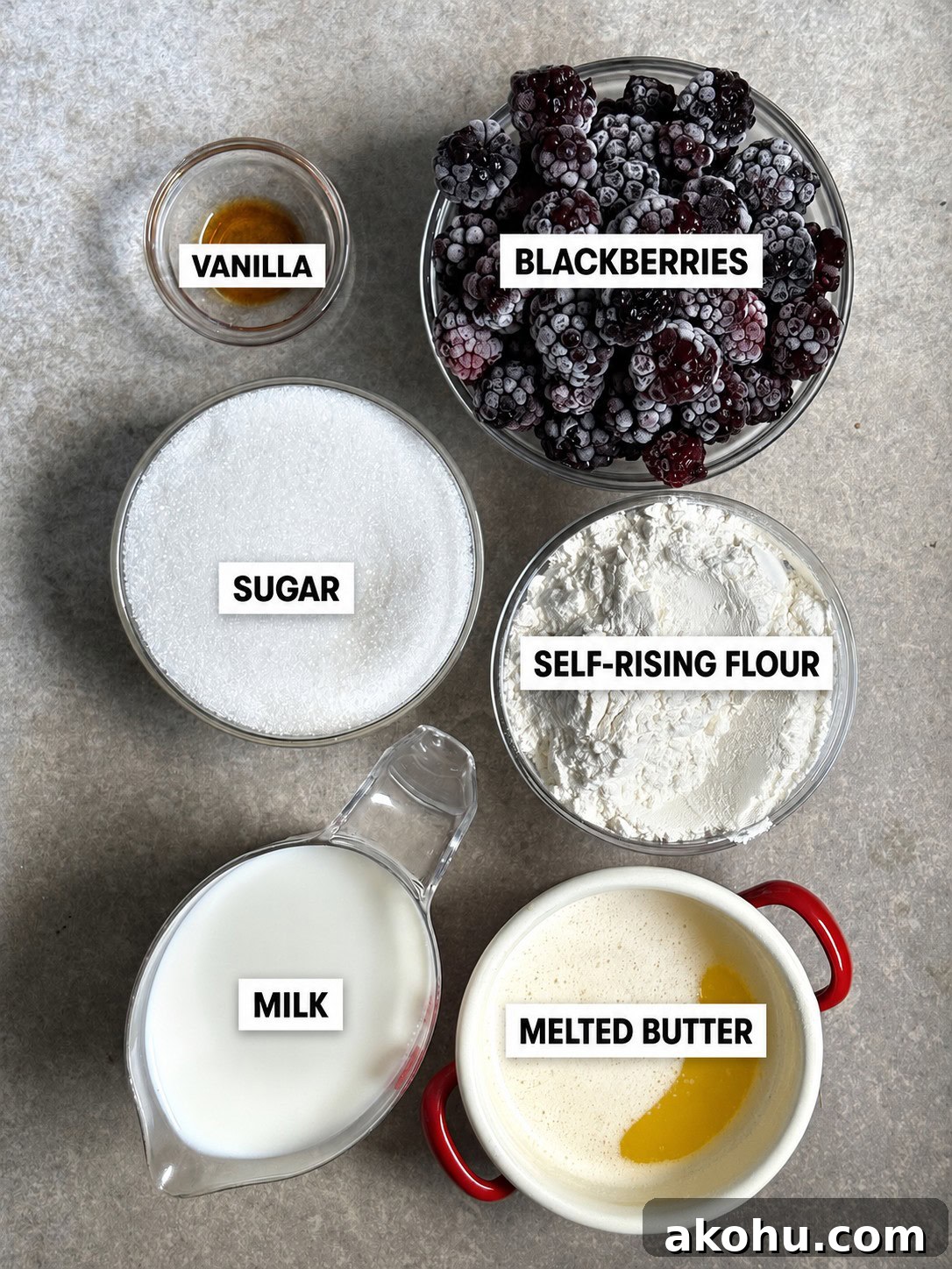 Ingredients for easy blackberry cobbler including blackberries, sugar, self-rising flour, milk, melted butter, and vanilla.