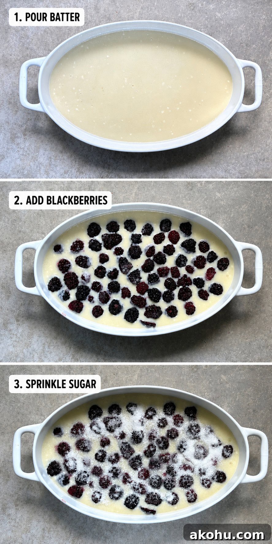 Step-by-step blackberry cobbler assembly showing batter in baking dish, blackberries added on top, and sugar sprinkled over the berries.