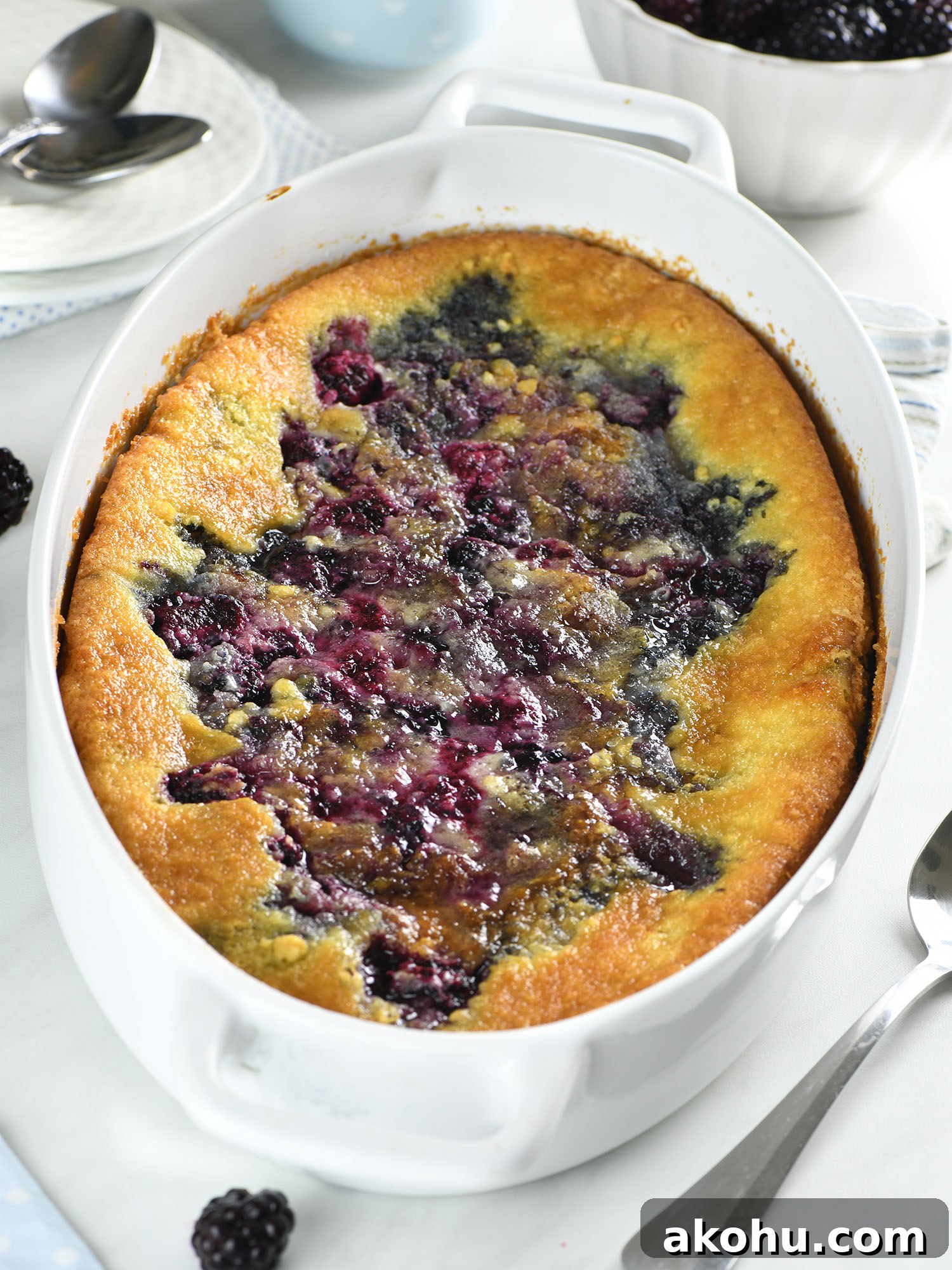 Baked easy blackberry cobbler in a white dish with golden buttery edges and juicy blackberry filling.