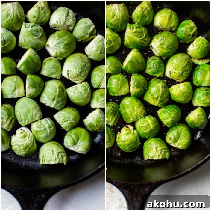 Crispy Pan-Fried Brussels Sprouts Recipe with Garlic 3 brussels sprouts in a skillet
