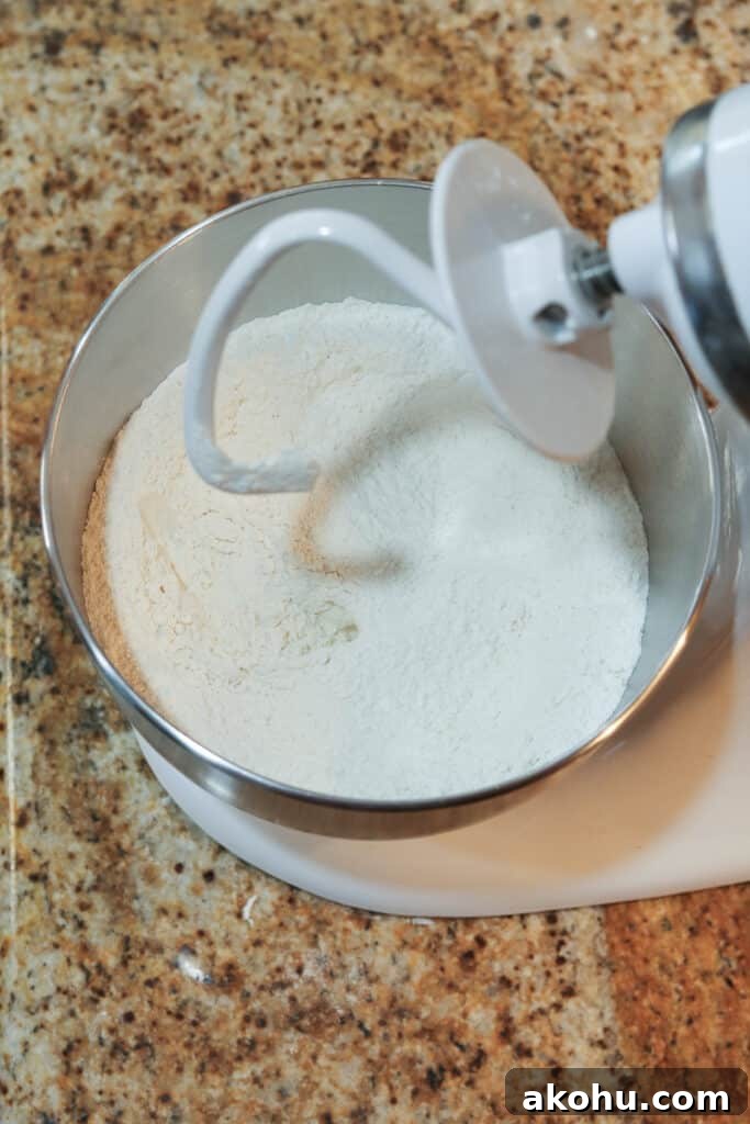 dry ingredients in stand mixer for pizza