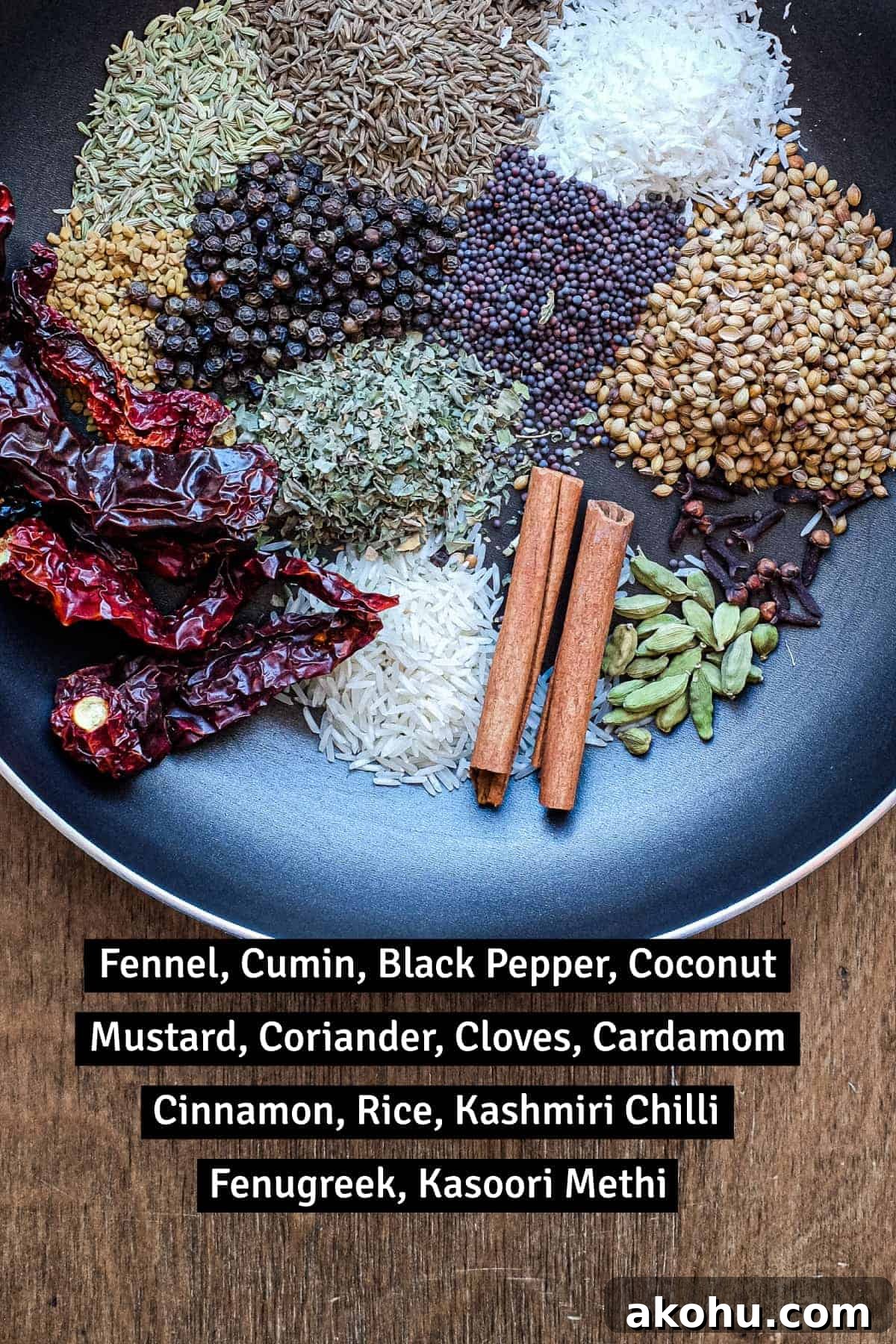 Sri Lankan Curry Powder Recipe | cookeatworld.com A pan with whole spices including coriander seeds, fennel, cinnamon, rice, chillies, cumin, fenugreek, coconut and more