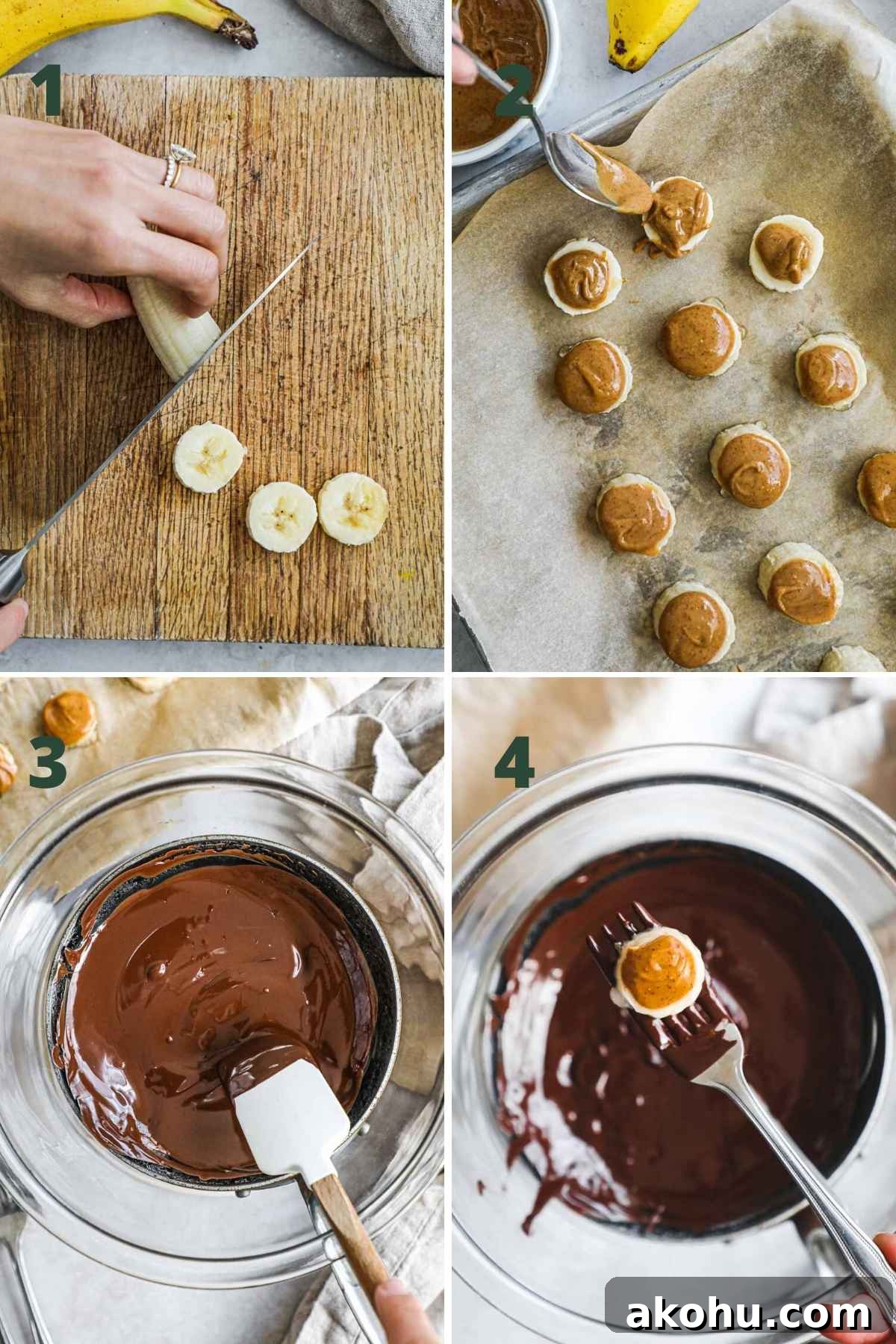 Steps to make frozen chocolate covered bananas, including adding peanut butter to banana slices, freezing the slices, and dipping them in high-quality chocolate.