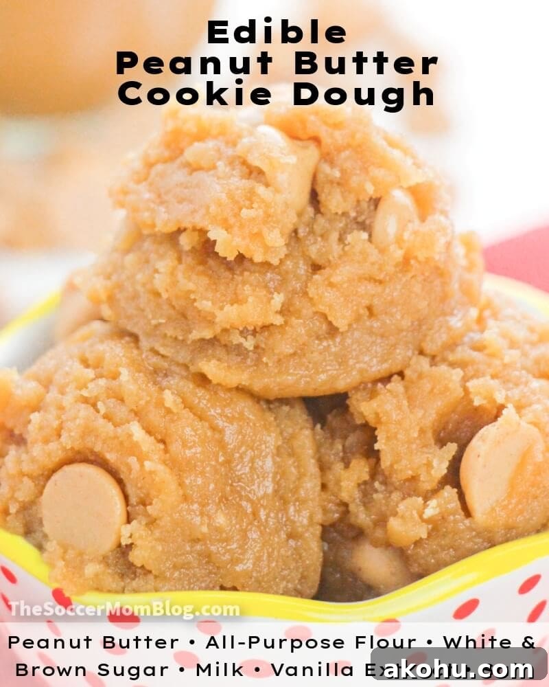 Edible Peanut Butter Cookie Dough Recipe 11 close up of peanut butter cookie dough bites, with ingredients text