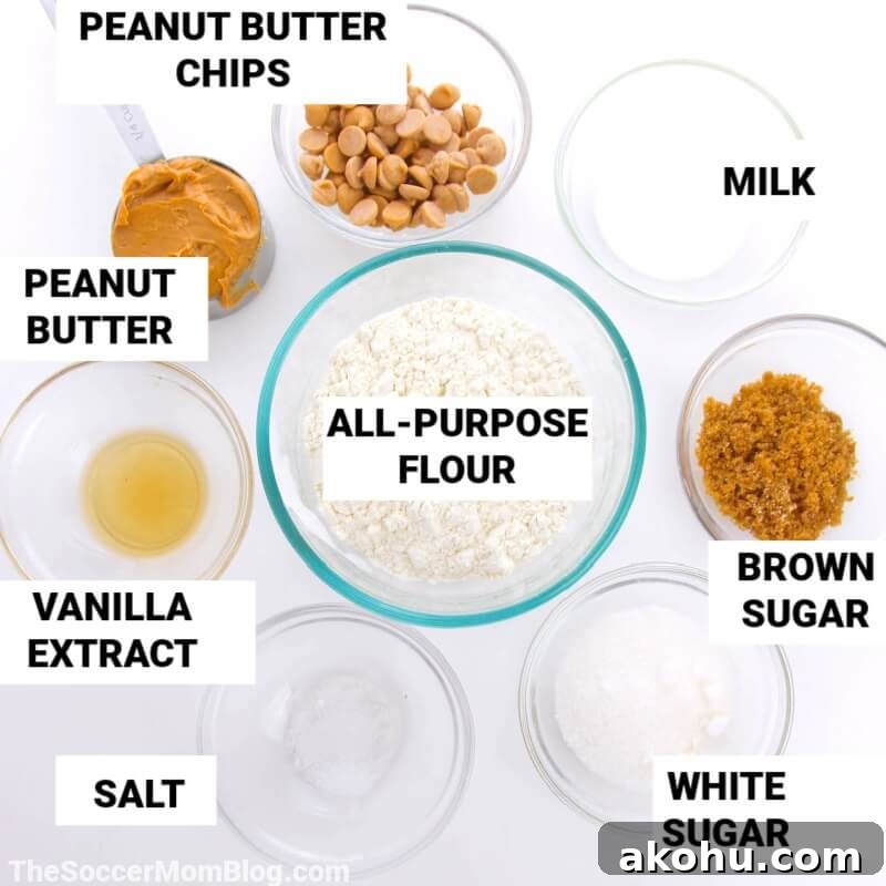 Edible Peanut Butter Cookie Dough Recipe 4 peanut butter cookie dough ingredients, with text labels