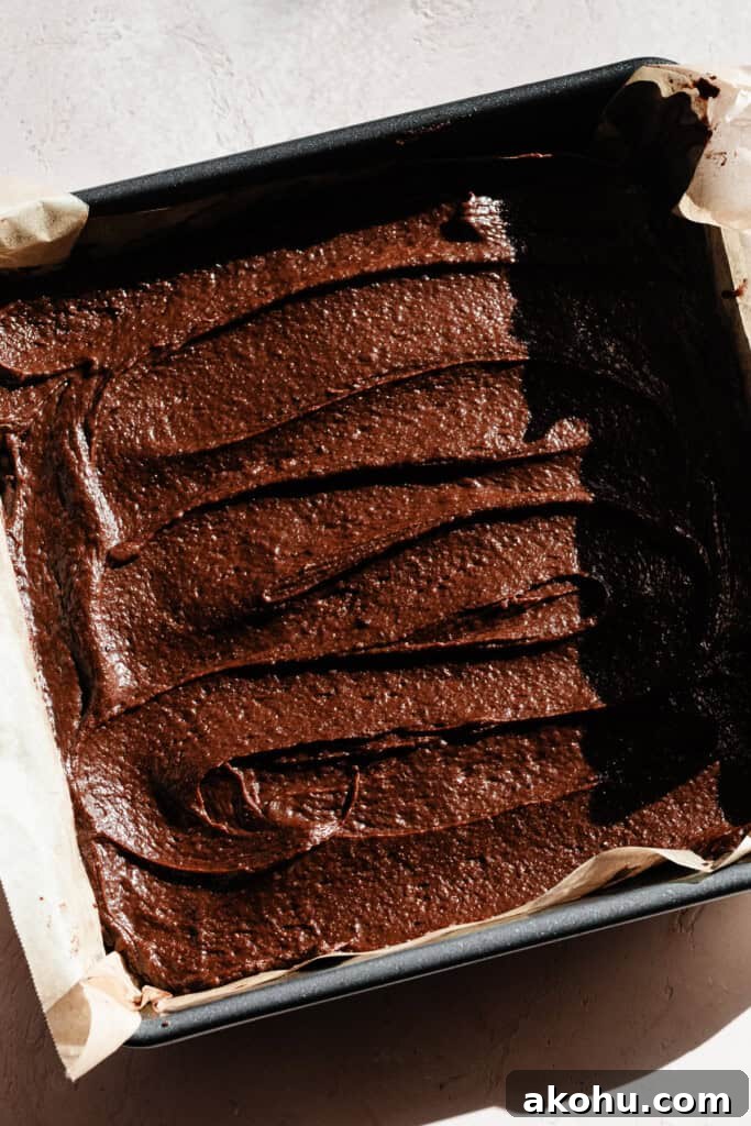 A pan of the unbaked brownies.