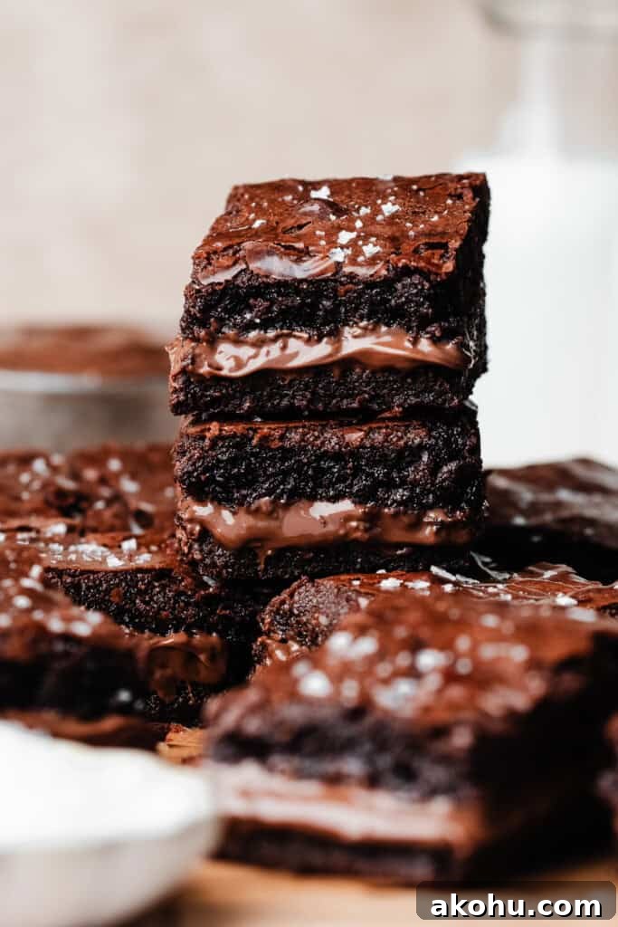 A stack of nutella filled brownies.