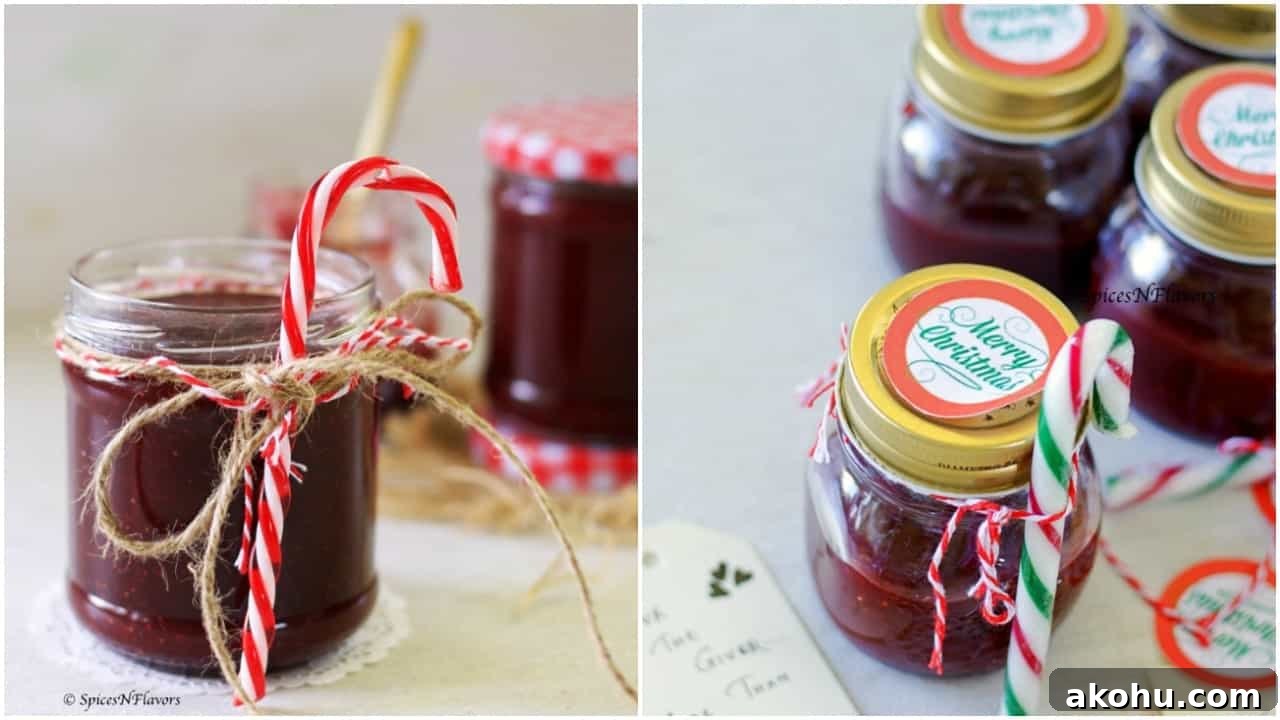 Holiday Instant Pot Strawberry Jam Recipe 3 A collage of Christmas jam served in a small mason jar on the left and cute little mason jars on the right with merry christmas stickers on top