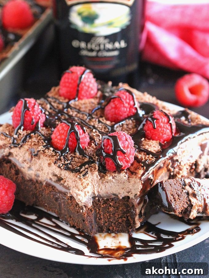 Chocolate Baileys Poke Cake Recipe 2 Chocolate Baileys poke cake slice with fresh raspberries