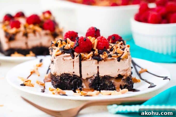 Chocolate Baileys Poke Cake Recipe 15 a slice of chocolate baileys poke cake topped with fresh raspberries and chocolate sauce