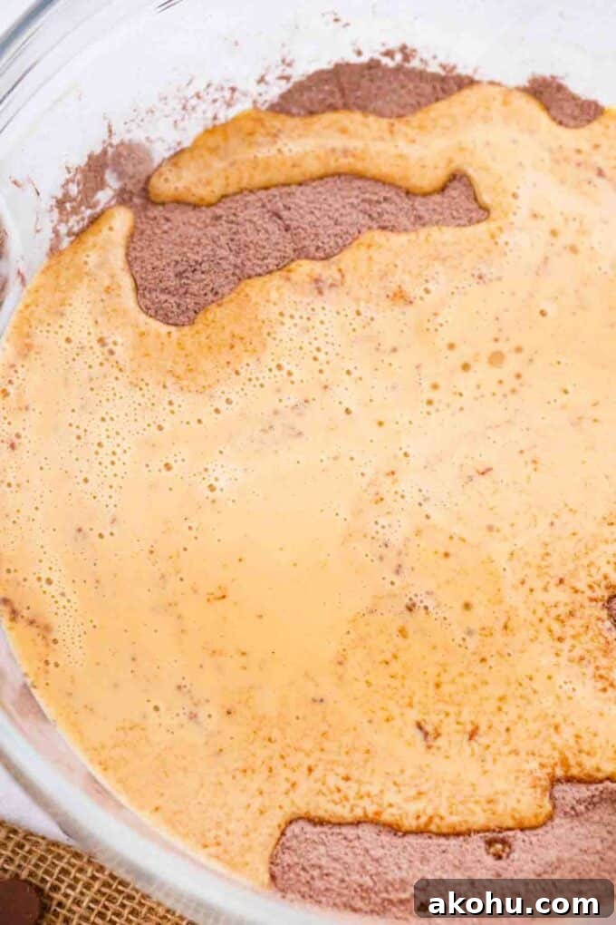 Chocolate Baileys Poke Cake Recipe 8 wet and dry ingredients in a bowl