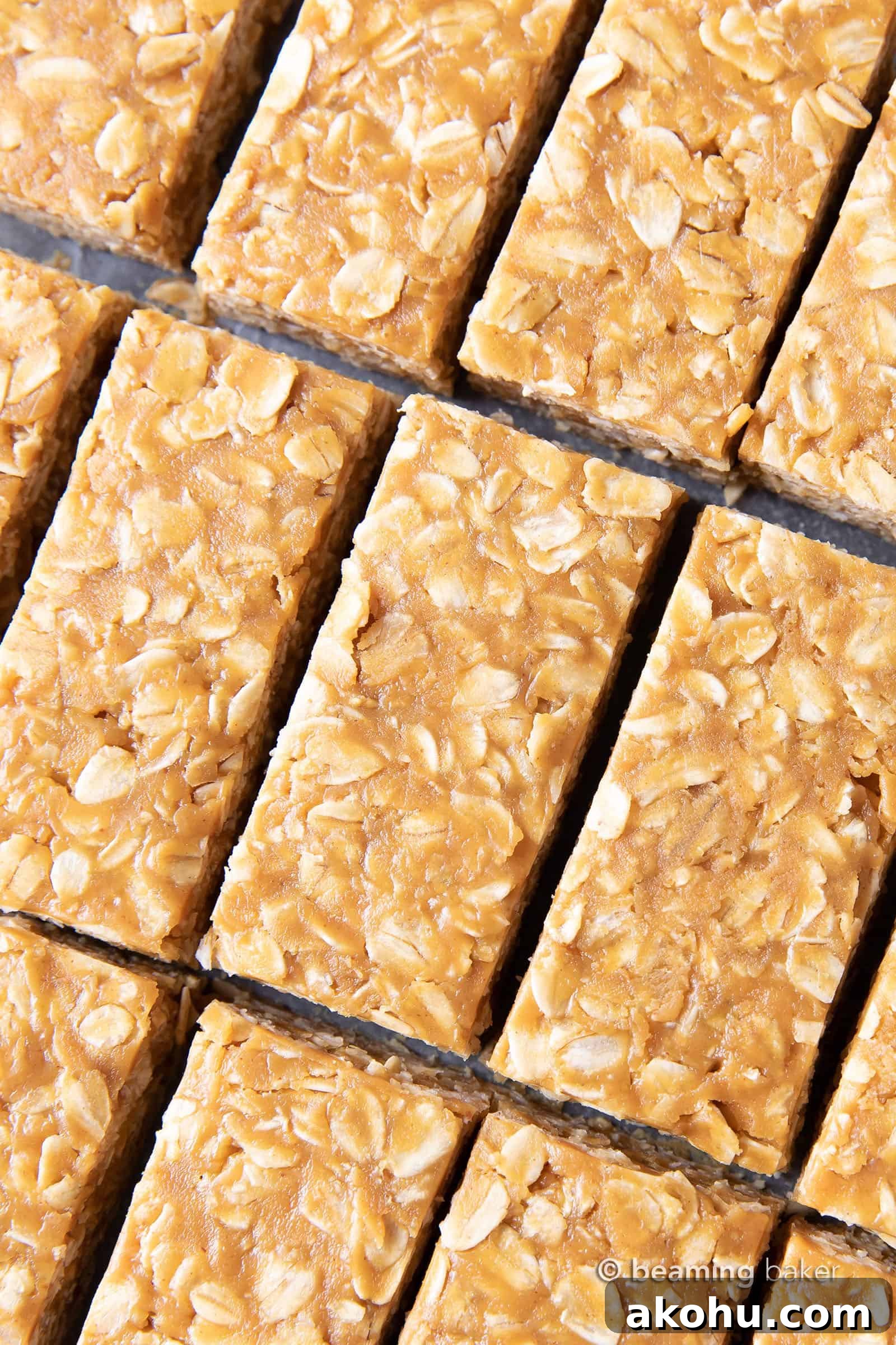 3-Ingredient Peanut Butter Granola Bars 3 Closeup on peanut butter granola bars cut in pan.