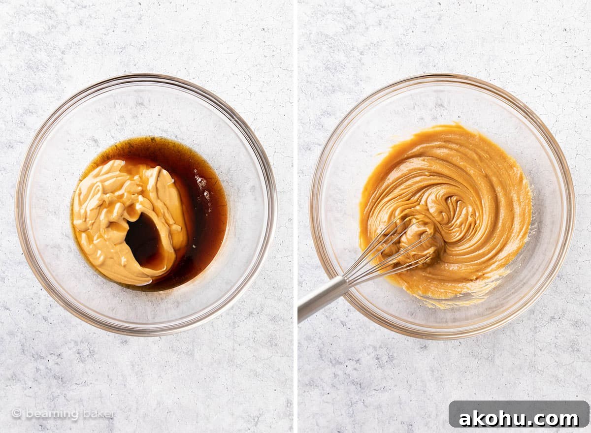 3-Ingredient Peanut Butter Granola Bars 5 two pics of wet ingredients being whisked in mixing bowl.