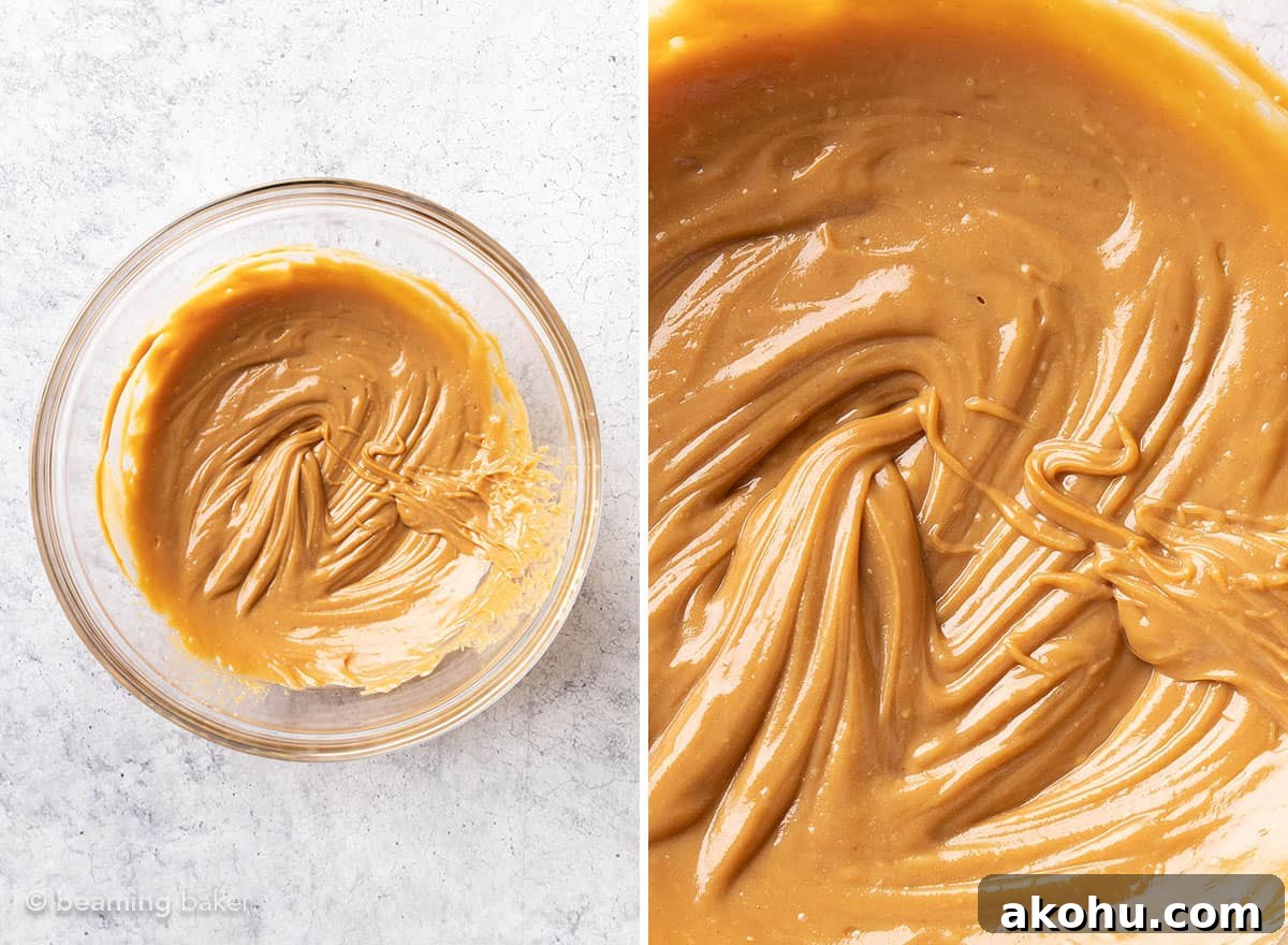 3-Ingredient Peanut Butter Granola Bars 6 two pics of sweetened peanut butter mixture for peanut butter granola bars.