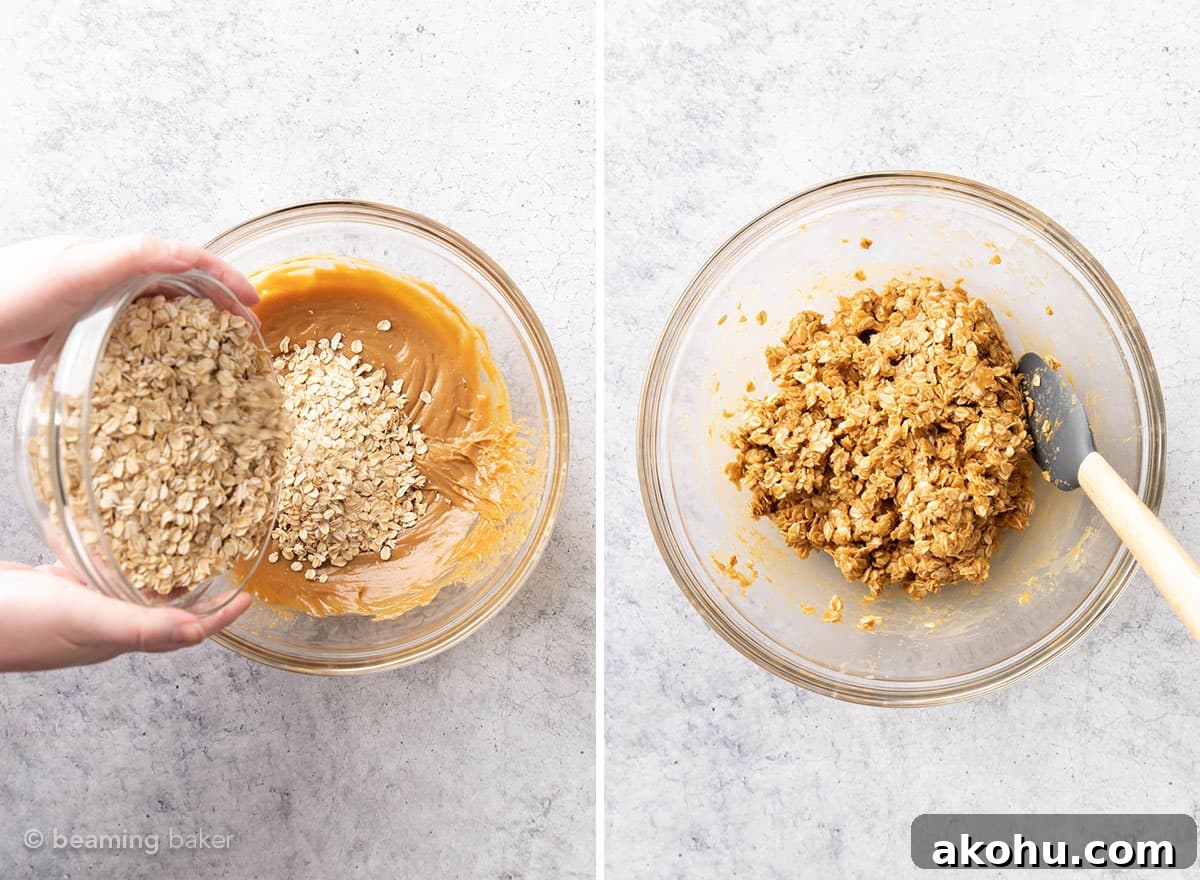 3-Ingredient Peanut Butter Granola Bars 7 two overhead pics showing hand adding oats to peanut butter granola bars mixture.