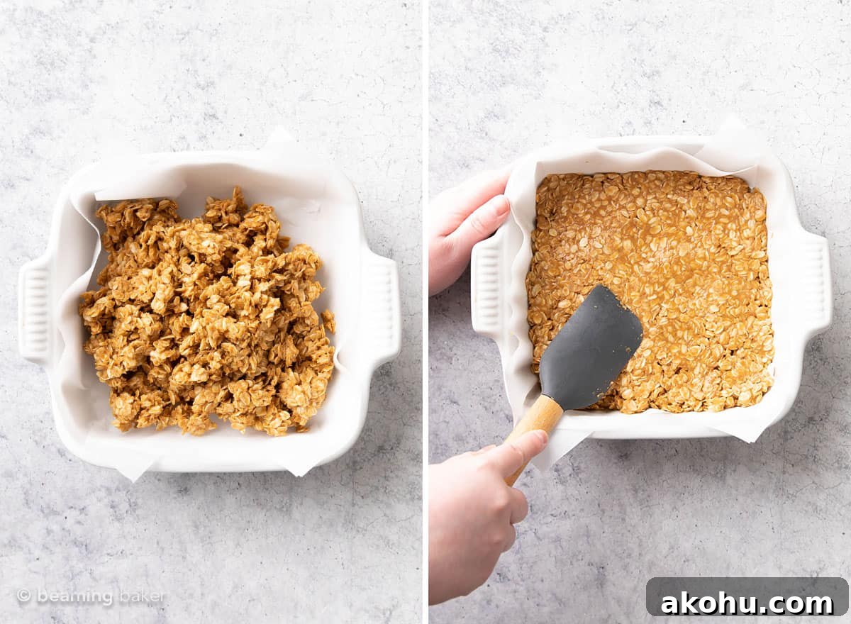 3-Ingredient Peanut Butter Granola Bars 9 two pics of granola bar mixture being added and smoothed in pan.