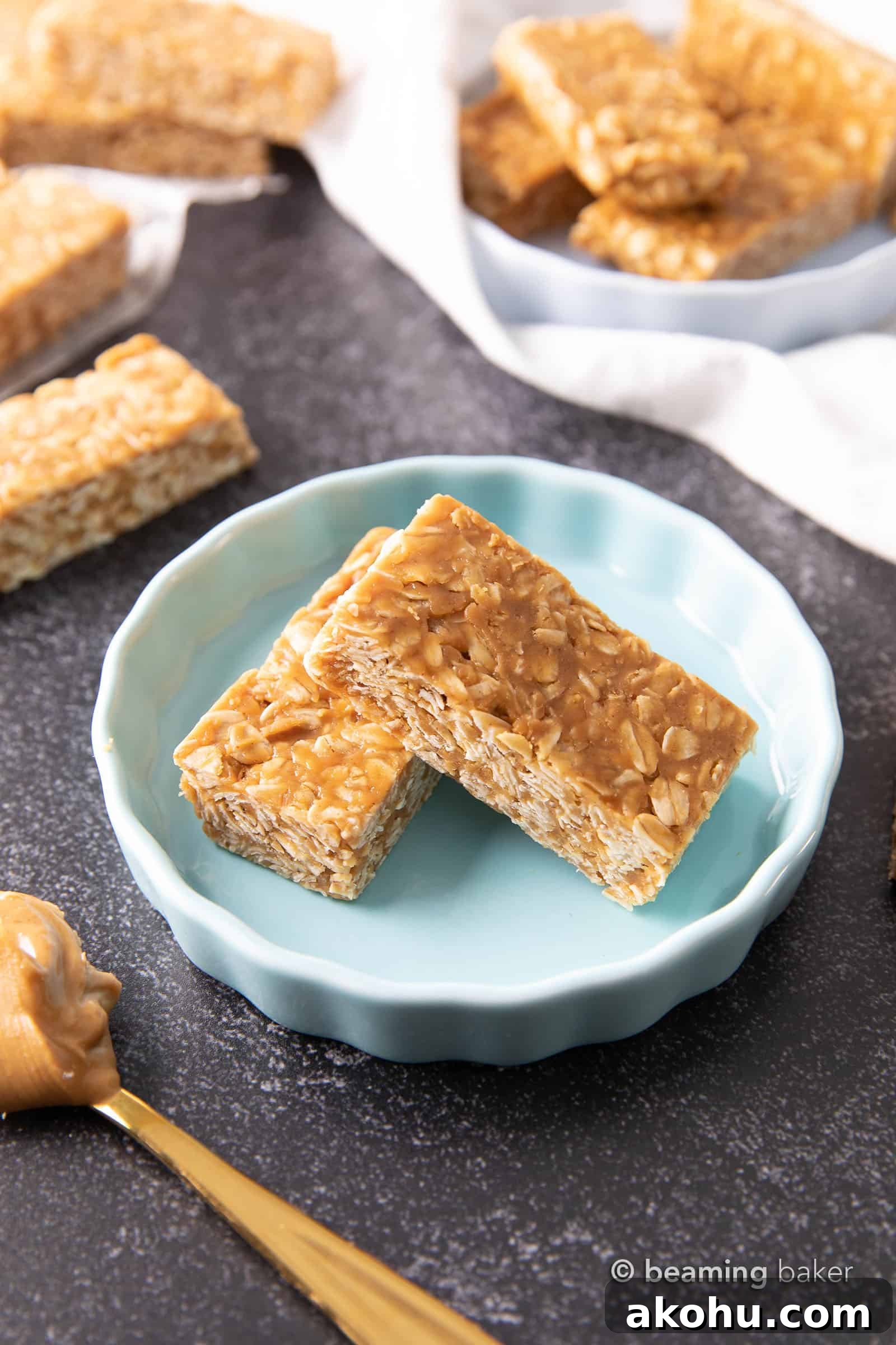 3-Ingredient Peanut Butter Granola Bars 10 this recipe on a blue serving plate