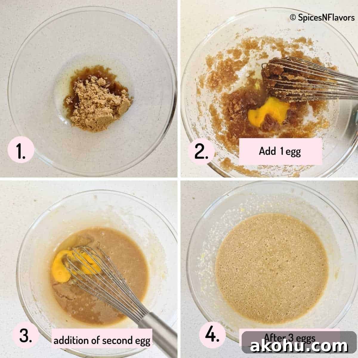 beating oil, brown sugar and eggs in a bowl