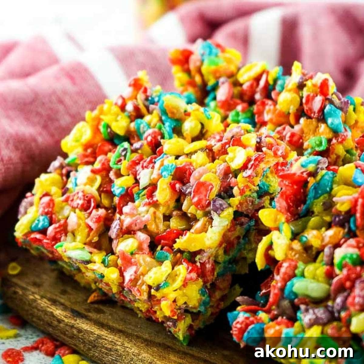 close up of fruity pebble rice krispie treats cut into squares.