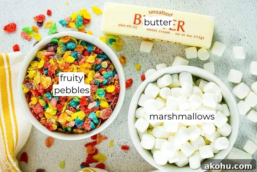 labeled ingredients needed to make fruity pebble rice krispie treats.
