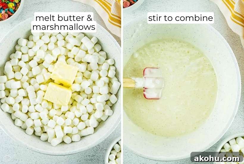two image collage of melted butter being mixed with marshmallows.