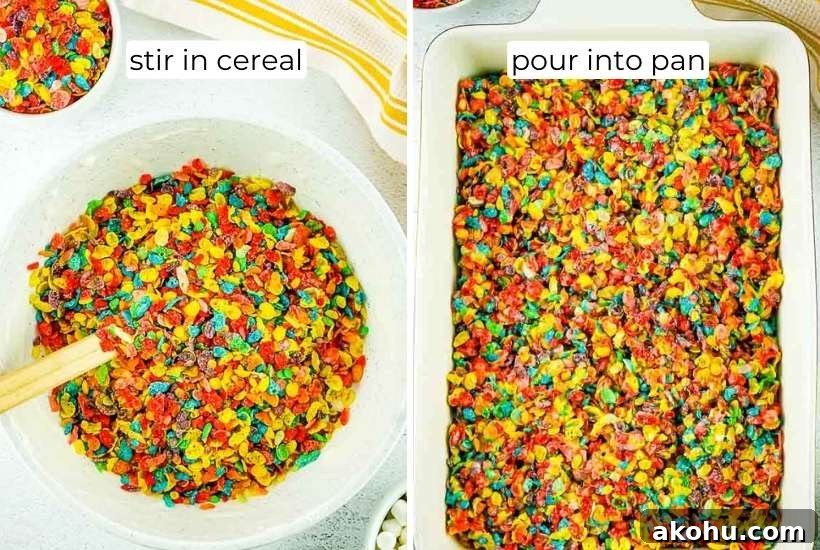 two image collage of fruity pebble cereal being mixed with marshmallow mixture and poured into a pan.