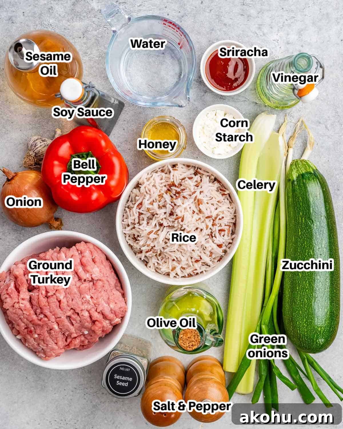 Ingredients for ground turkey stir fry.