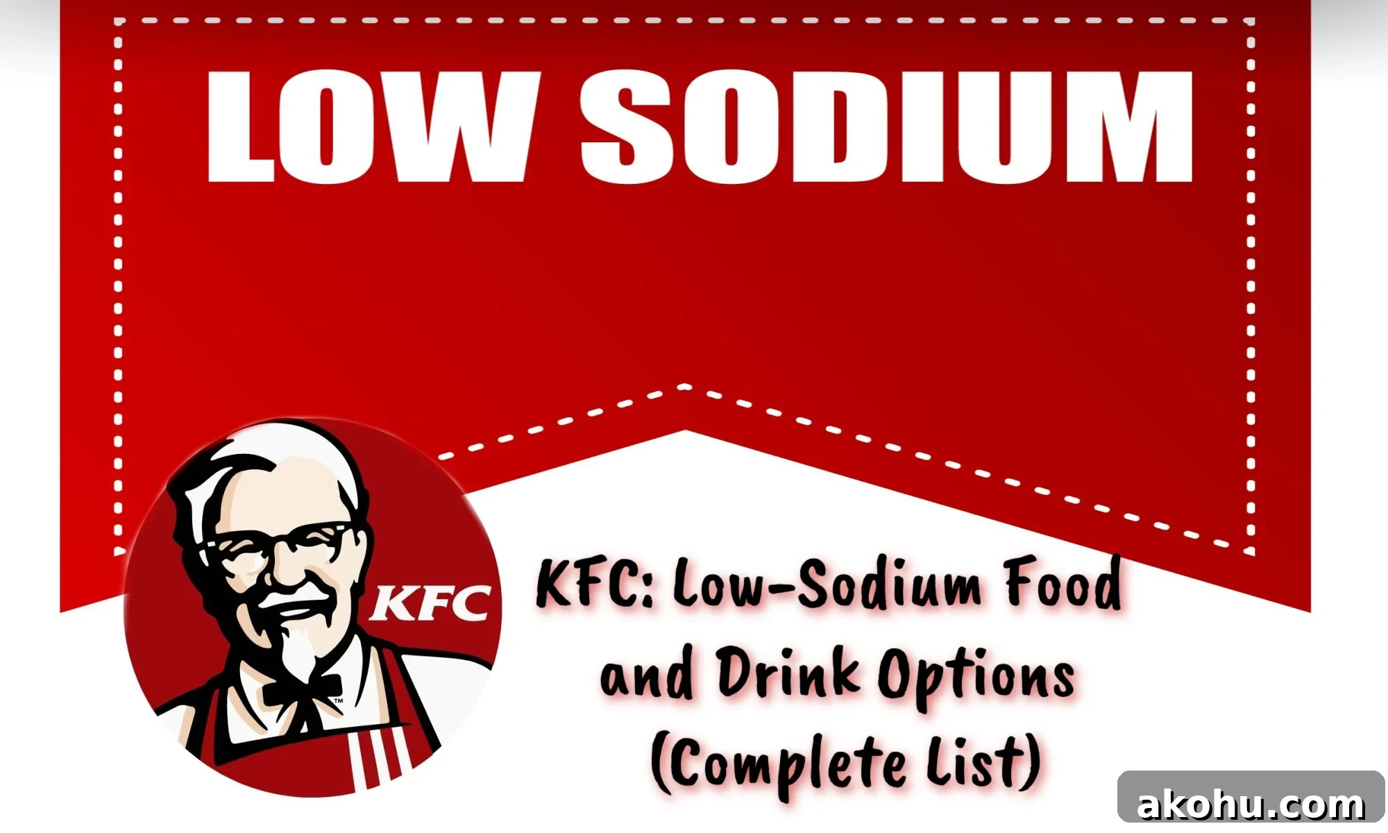 The KFC stamp combined with a low-sodium sign. The text reads, "KFC: Low-Sodium Food and Drink Options (Complete List)."